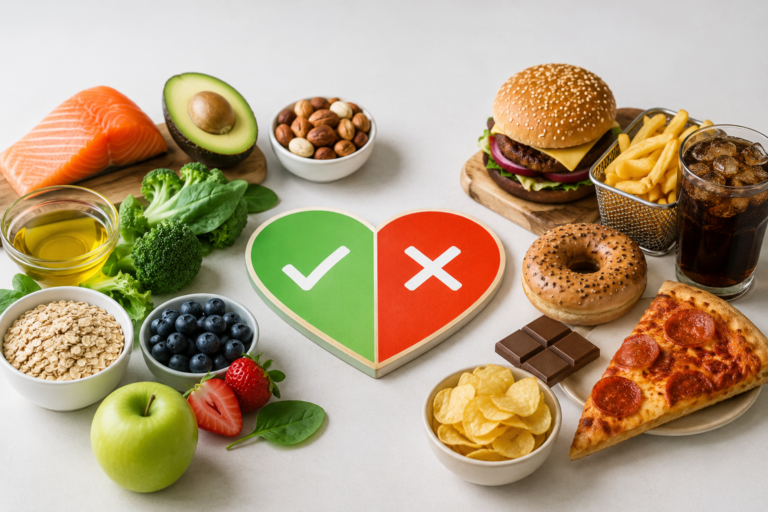 Healthy and unhealthy foods shown before a lipid profile test fasting to improve cholesterol test accuracy