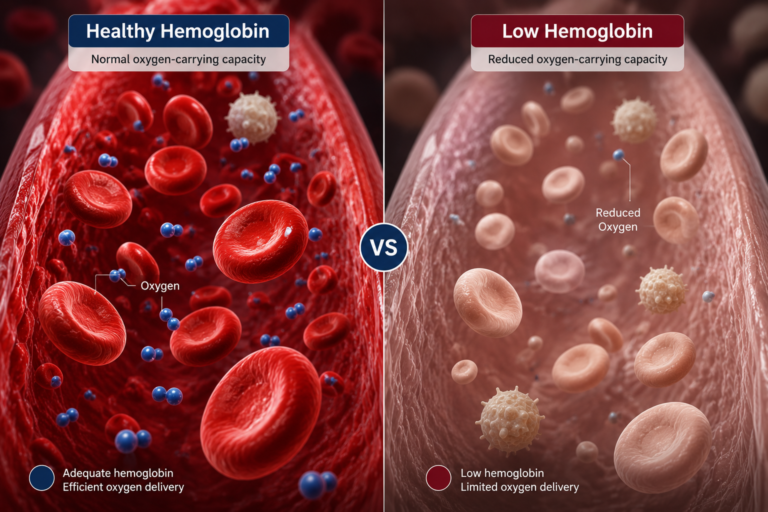 CBC Report illustrating the difference between healthy red blood cells and low hemoglobin levels.