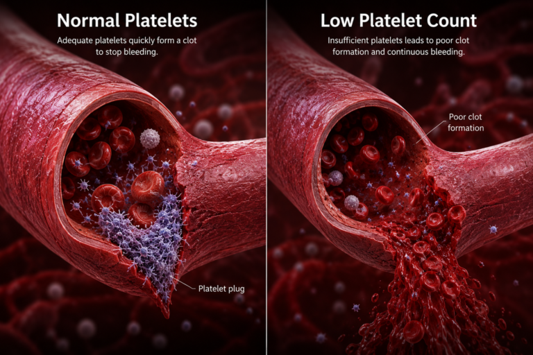 CBC Report showing healthy platelets compared with a low platelet count.