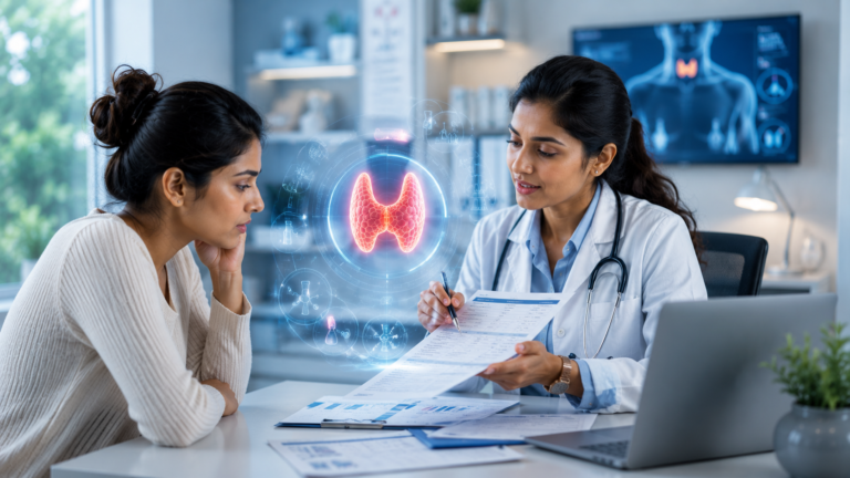 Doctor reviewing thyroid blood test for thyroid problems in women