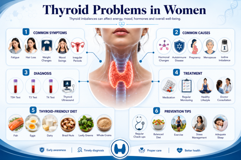 Infographic summarizing thyroid problems in women with symptoms, causes, diagnosis, treatment, and prevention