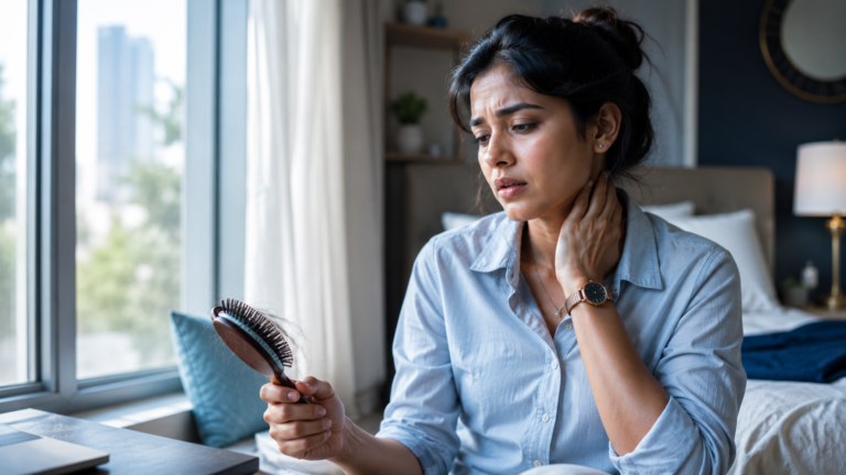 Common symptoms of thyroid problems in women including hair loss and fatigue