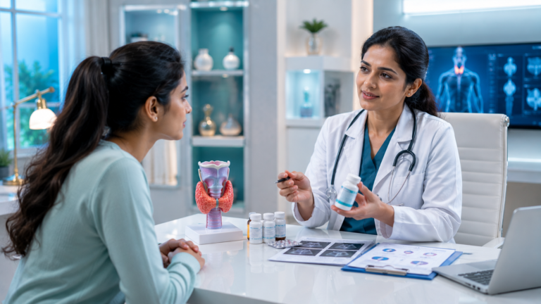 Doctor discussing treatment options for thyroid problems in women
