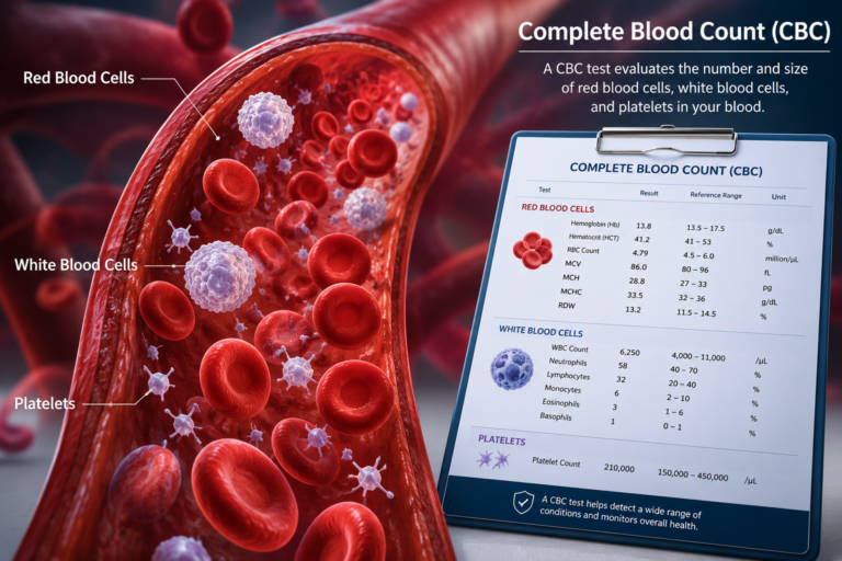 CBC Report showing red blood cells, white blood cells and platelets in the bloodstream.