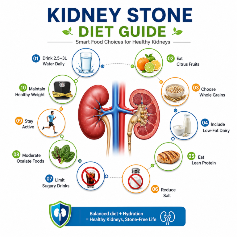 7 day kidney stone diet chart infographic with foods and hydration tips