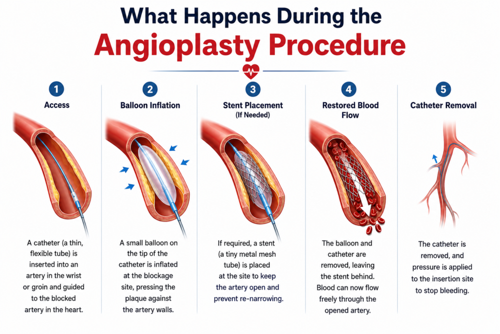 Doctor inserting catheter into wrist artery for angioplasty procedure