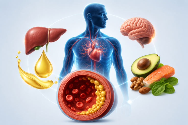 Medical illustration showing the role of cholesterol in the human body with the heart, brain, liver, healthy fats, and blood vessel cross-section.