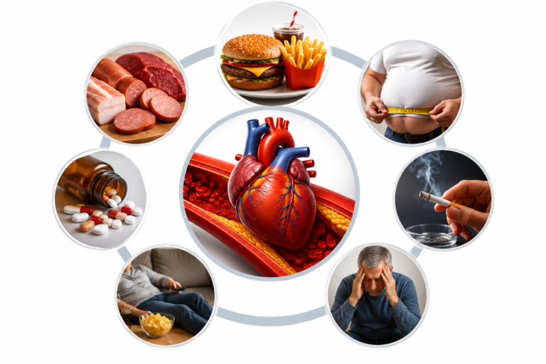 Medical illustration showing common causes of high cholesterol, including unhealthy diet, obesity, smoking, stress, physical inactivity, and artery plaque affecting heart health.