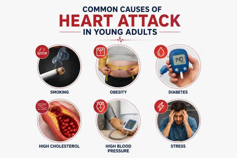 Common causes of Heart Attack in Young Adults infographic showing smoking, obesity, diabetes, high cholesterol, high blood pressure, and stress as major risk factors.
