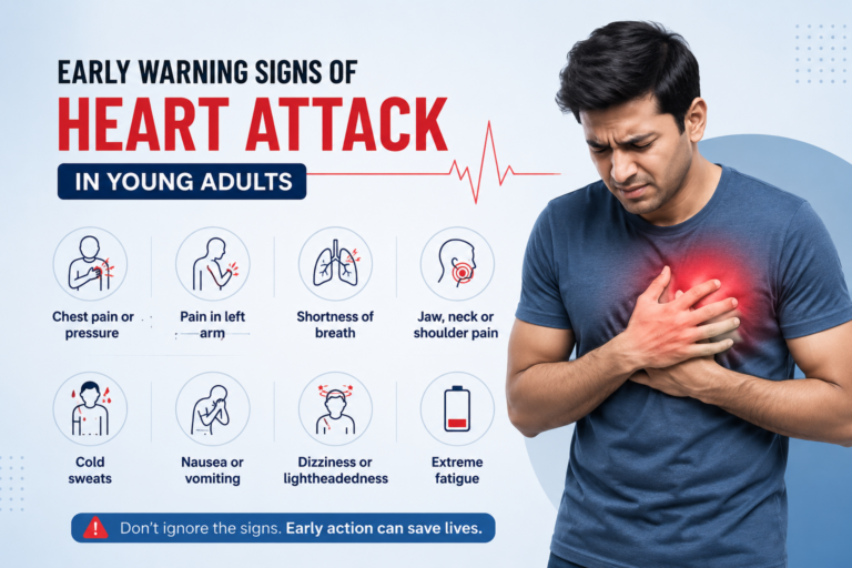 Early warning signs of Heart Attack in Young Adults infographic showing chest pain, left arm pain, shortness of breath, jaw pain, cold sweats, nausea, dizziness, and extreme fatigue.