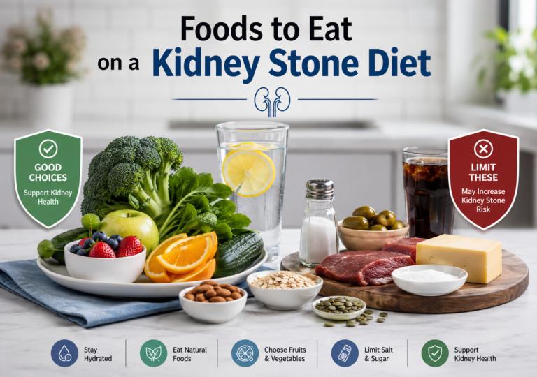 Foods to eat on a Kidney Stone Diet featuring fresh fruits, vegetables, lemon water, oats, almonds, and foods to limit like processed meat, cheese, soft drinks, and excess salt.