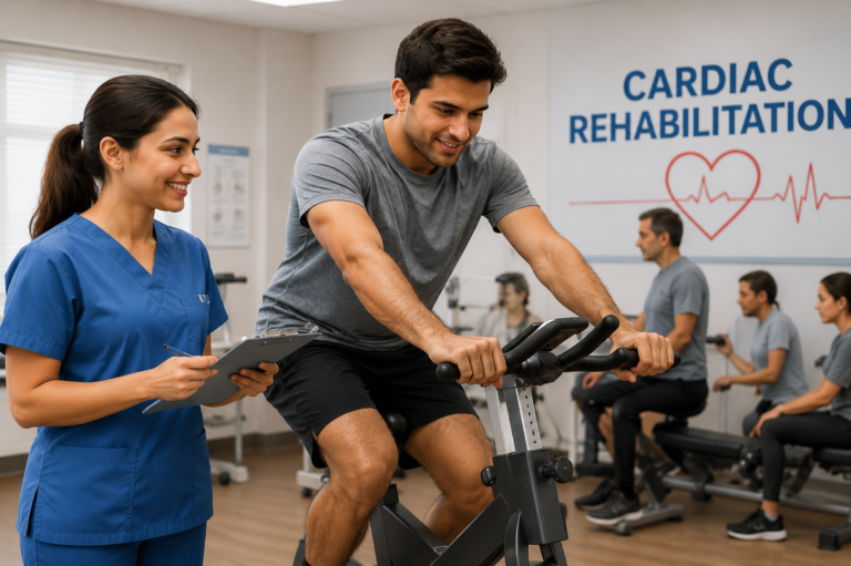 Heart Attack in Young Adults patient participating in a supervised cardiac rehabilitation exercise program with guidance from a healthcare professional to improve heart health.