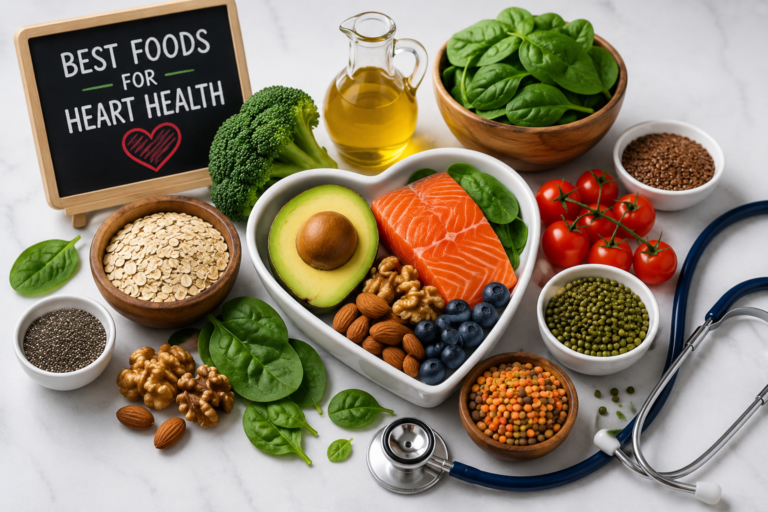 Heart Attack in Young Adults prevention with heart-healthy foods including salmon, avocado, spinach, broccoli, oats, berries, olive oil, nuts, and seeds to support cardiovascular health.