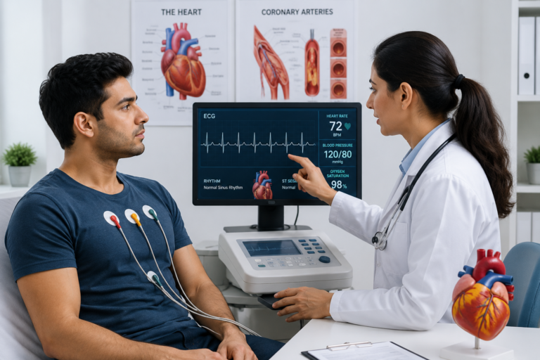 Heart Attack in Young Adults patient undergoing an ECG examination while a cardiologist reviews heart rhythm and explains the test results during a cardiac evaluation.