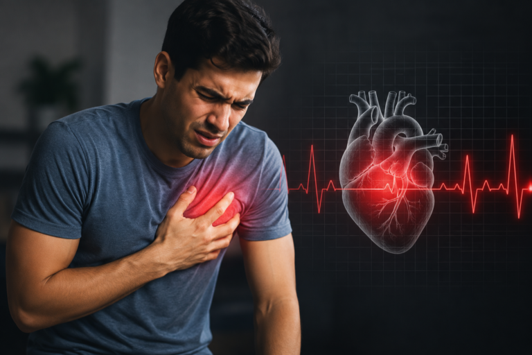 Heart Attack in Young Adults showing a young man experiencing chest pain with a heart illustration and ECG line highlighting potential cardiac symptoms.
