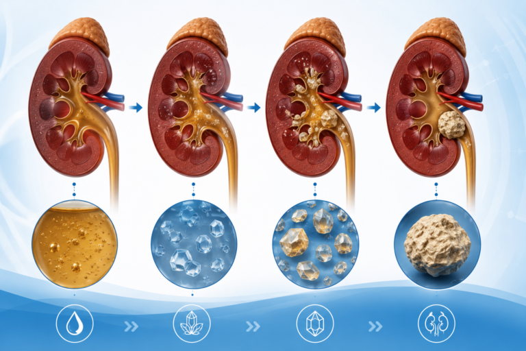 Stages showing how kidney stones form inside the kidneys