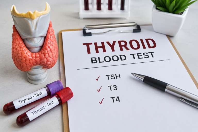 Preparation essentials for a thyroid blood test with thyroid model, blood sample tubes, and medical checklist in a clinical setting.