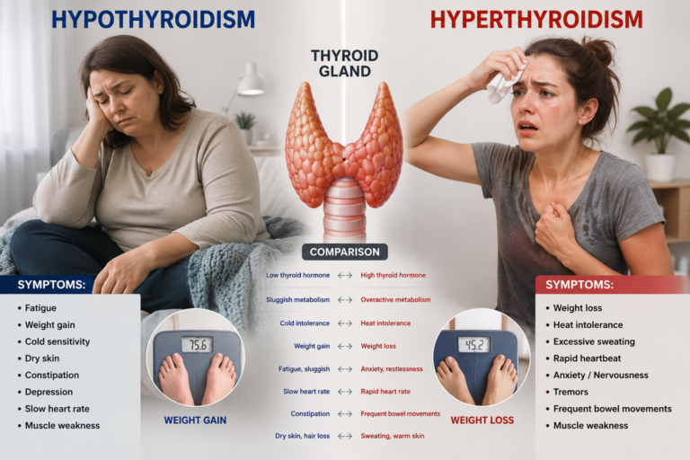 Comparison of hypothyroidism and hyperthyroidism symptoms in adults.