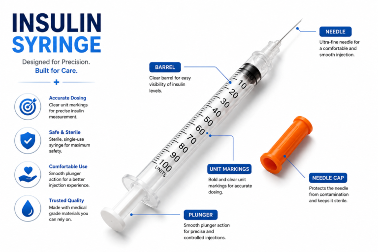 Insulin syringe parts diagram showing needle, barrel, plunger and unit markings