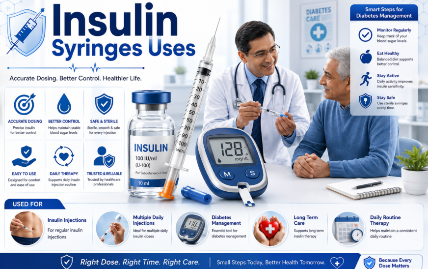 Insulin syringes uses infographic showing diabetes insulin injection and syringe components