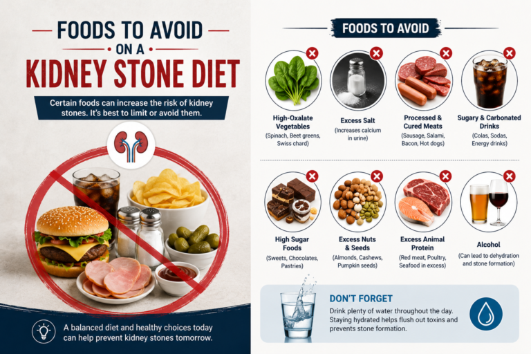 Foods to avoid on a Kidney Stone Diet including processed meats, excess salt, sugary drinks, high-sugar foods, excess animal protein, alcohol, and high-oxalate vegetables.