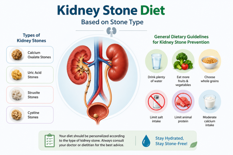Kidney Stone Diet infographic showing different types of kidney stones, recommended foods, hydration tips, and dietary guidelines to help prevent kidney stone formation.