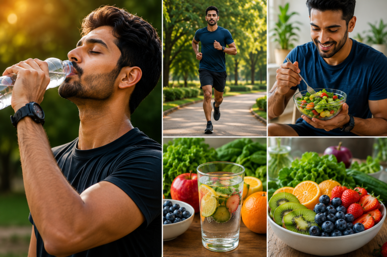 Kidney Stone Diet lifestyle showing a person drinking water, exercising, eating a healthy salad, and choosing fresh fruits to support kidney health and help prevent kidney stones.