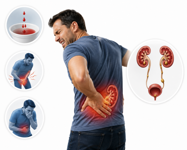 Symptoms of kidney stones including severe back pain blood in urine and painful urination