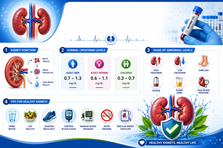 Infographic explaining normal creatinine levels, healthy range, symptoms, causes, and kidney health tips