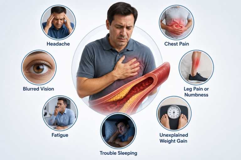 Medical infographic showing possible symptoms associated with high cholesterol, including chest pain, headache, blurred vision, fatigue, leg pain, and blocked arteries.