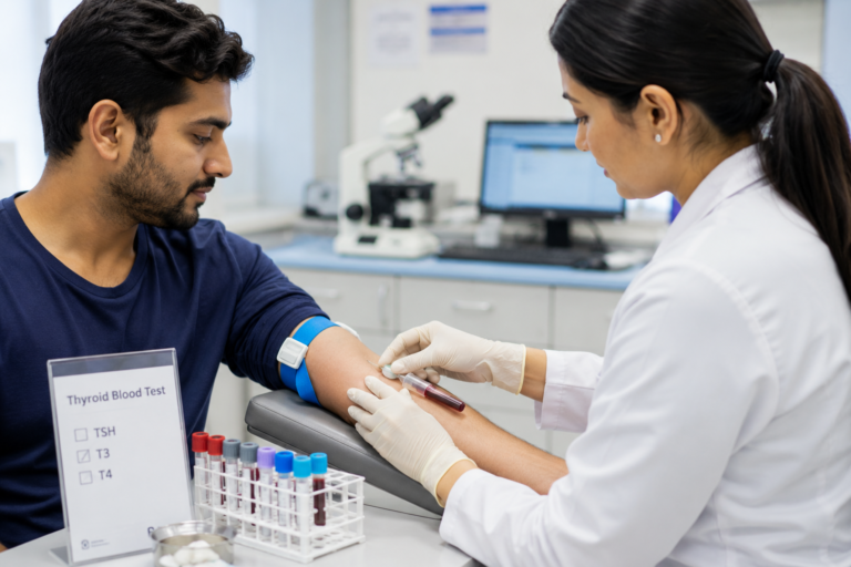 Healthcare professional collecting a blood sample for a thyroid blood test.
