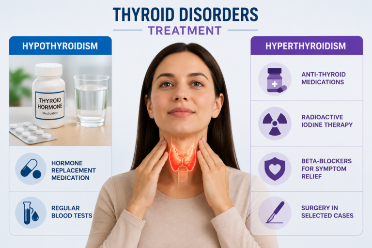 Medical illustration showing treatment options for hypothyroidism and hyperthyroidism after a thyroid blood test