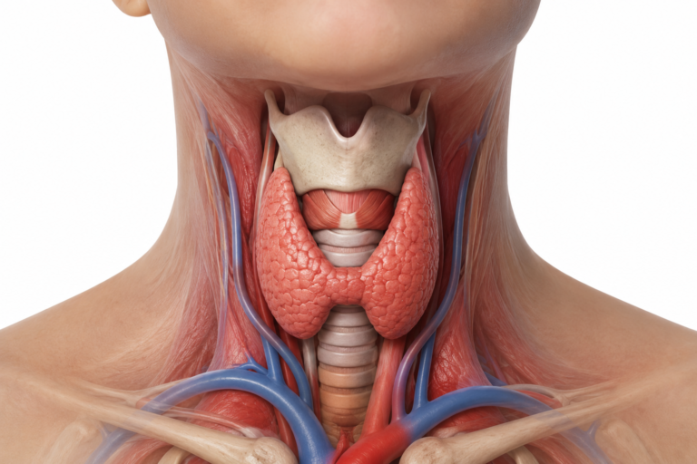 Illustration showing the location and anatomy of the thyroid gland in the human neck.