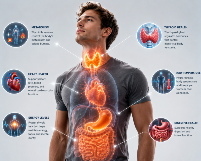 Healthy thyroid regulating metabolism, energy production, body temperature, and heart function.