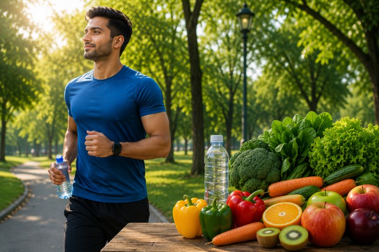 Man jogging in a park with fresh fruits, vegetables, and water, representing healthy lifestyle changes for treating high cholesterol.