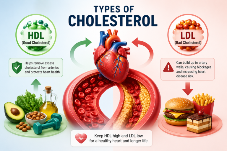 Medical infographic comparing HDL and LDL cholesterol with a heart, artery cross-section, healthy foods, and unhealthy foods to explain different types of cholesterol.