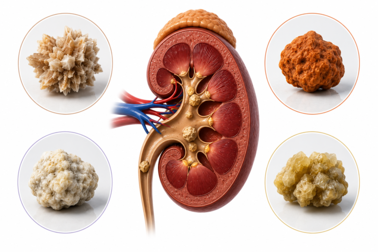 Different types of kidney stones including calcium uric acid struvite and cystine stones