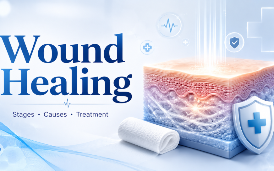 Wound healing guide showing healthy skin regeneration and the stages of wound healing