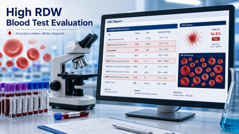 High RDW blood test evaluation with CBC and red blood cell measurements