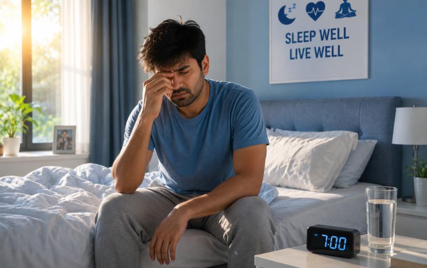 tired after sleep person waking up exhausted in the morning