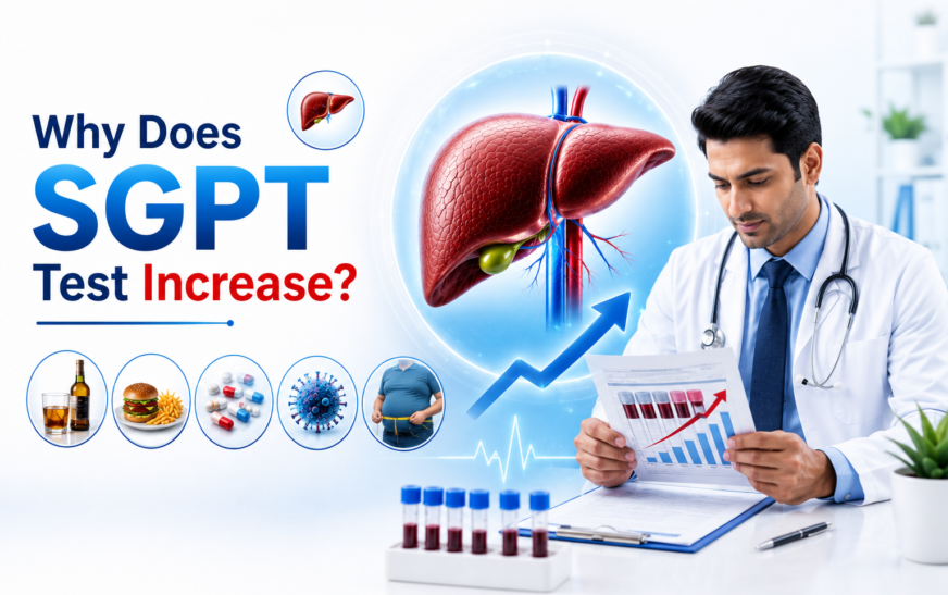 SGPT blood test showing elevated liver enzyme levels with doctor reviewing liver reports