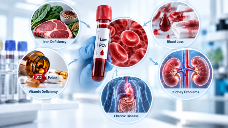 Common causes of low PCV in blood report including iron deficiency and blood loss