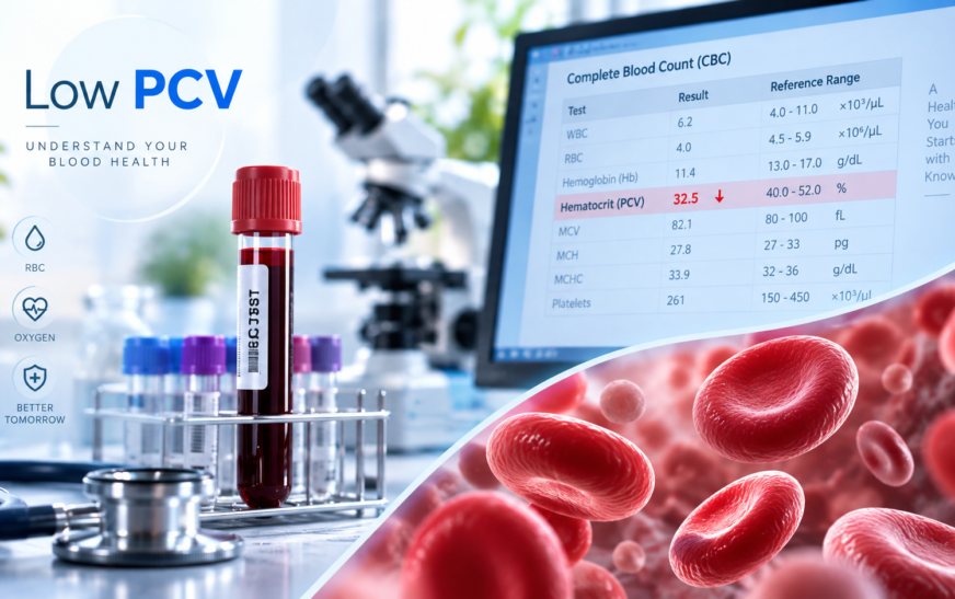 Low PCV in blood report showing red blood cells and blood test results
