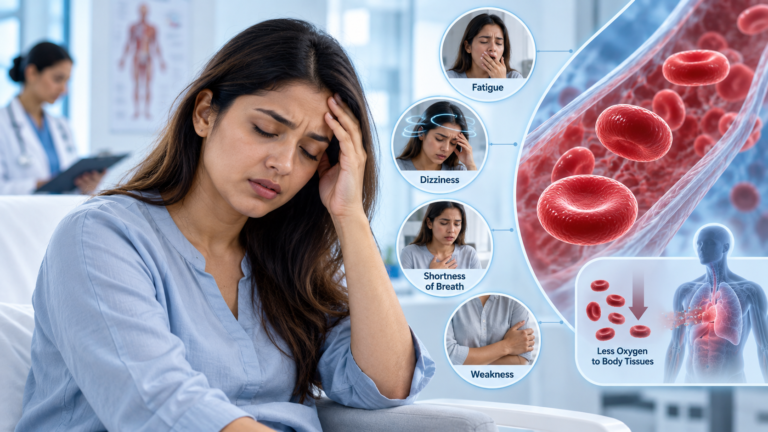 Symptoms associated with low PCV in blood report such as fatigue dizziness and shortness of breath