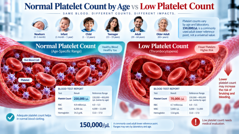 Low platelet count compared with normal platelet count by age